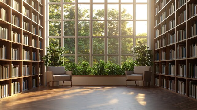 Quiet library sanctuary urban setting cozy reading space natural light tranquil environment intellectual retreat