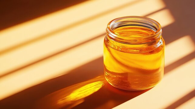 A pristine glass jar, its golden hue reflecting the soft glow of a sunbeam, stood majestically on a transparent backdrop, showcasing the golden elixir of pure coconut oil within its depths, ready to