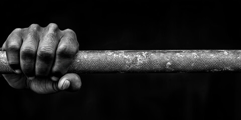 Determined hand grips the bar, grip strength defining control. Grip enhances endurance, ensures power. Grip and physical resilience concept