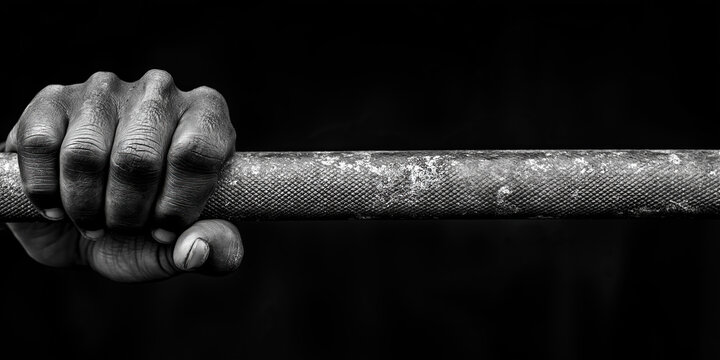 Determined hand grips the bar, grip strength defining control. Grip enhances endurance, ensures power. Grip and physical resilience concept