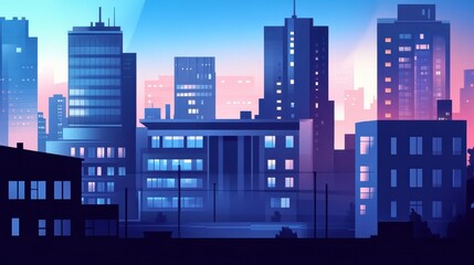 A vibrant city skyline during twilight with colorful lighting.