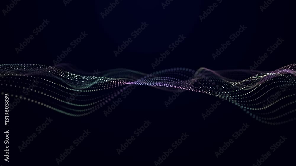 Poster Digital background with musical glowing particles. Big data visualization. 3d rendering. Seamless loop.