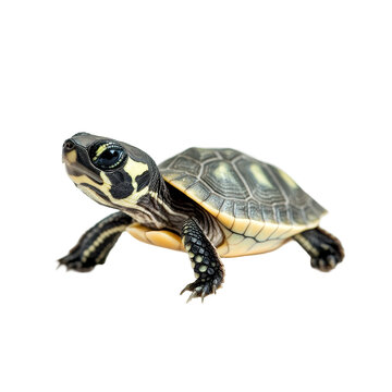 Close-up of a young turtle showcasing its intricate shell patterns. transparent background