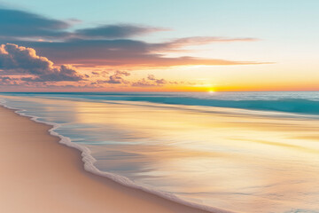 Obraz premium Stunning coastal landscape at sunset or sunrise with bright reflections in the sea and beautiful clouds, beautiful sky, seascape, composite background, desktop wallpaper
