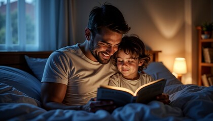 Father reading bedtime story to child in cozy bedroom with soft lighting, warm atmosphere