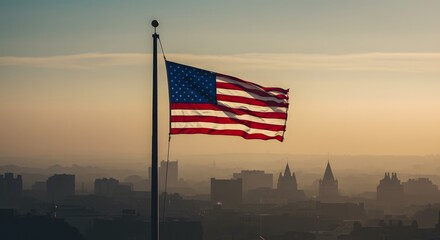 American Pride, Flag Waving Proudly Over a Cityscape at Sunset