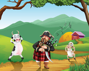 Funny vector Illustration of bagpiper pirate 