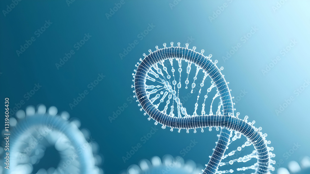 Poster 3d render of a blue dna double helix structure with a blurred microscopic background in a scientific