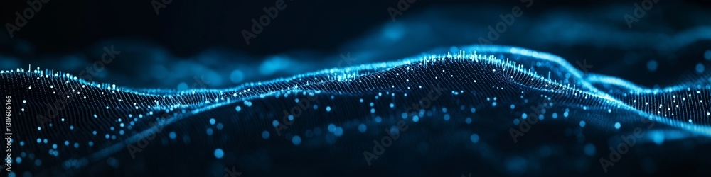 Poster a blue wave with many small dots on it. the dots are scattered all over the wave, giving it a sense 