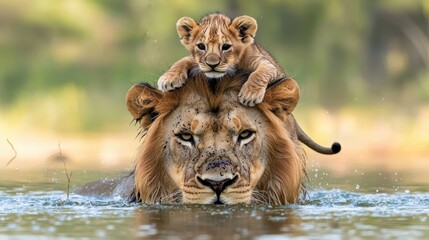 Majestic lion and playful cub swimming together in nature's serenity animal kingdom wildlife photography natural habitat