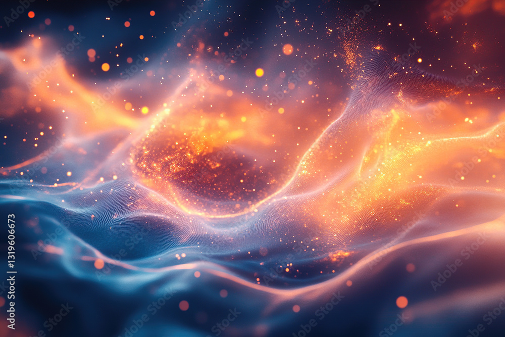 Poster beautiful abstract fluid art showcasing vibrant colors and glowing particles in an ethereal setting