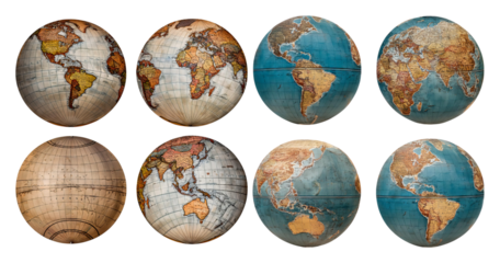 Vintage Style World Map Globes Collection with Detailed Cartography, Bundle Set Collection, Isolated on Transparent Background