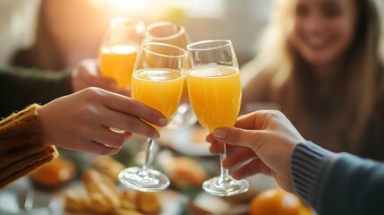 Mimosa Toast: Friends celebrate with bright orange mimosas at a brunch party, cheers-ing glasses together.
