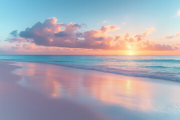 Fototapeta premium Stunning coastal landscape at sunset or sunrise with bright reflections in the sea and beautiful clouds, beautiful sky, seascape, composite background, desktop wallpaper