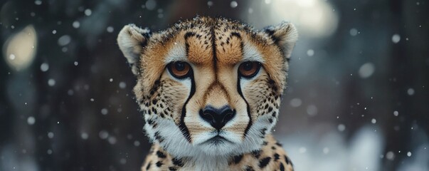 A close up portrait of a cheetah in a winter scene