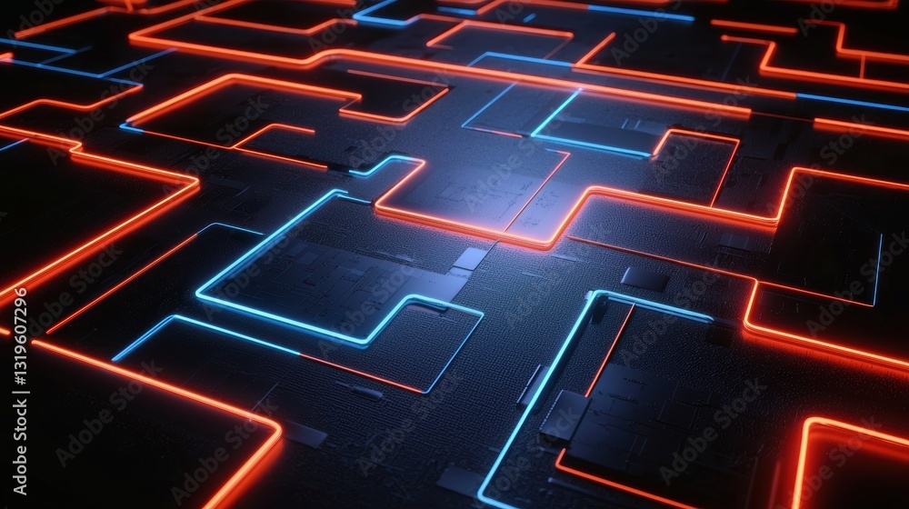 Poster dynamic neon maze game design virtual space digital art futuristic environment aerial view conceptua
