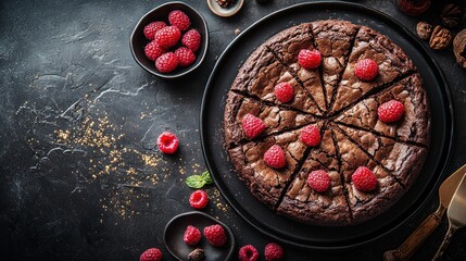 Dark Chocolate Raspberry Brownie Pizza on Slate