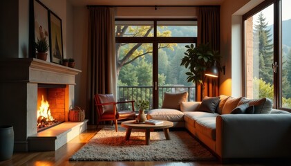 Warm-lit living room, plush sofa near fireplace, fire, textured