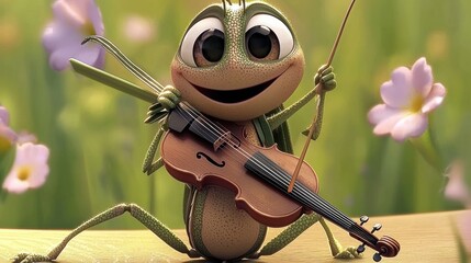 Musical performance by a cartoon frog nature setting animation playful environment close-up view joyful concept