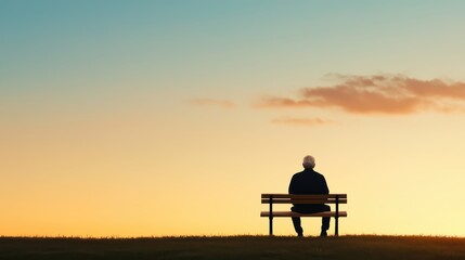 Obraz premium Elderly Man Sitting Alone on a Park Bench, Gazing at a Beautiful Sunset in the Evening Sky
