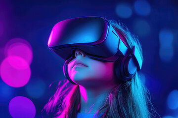 Young girl enjoys virtual reality experience in vibrant setting while wearing headsets