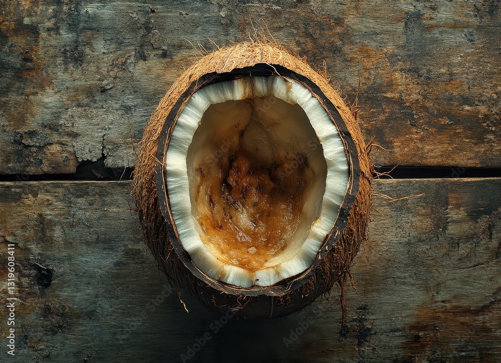 Poster close-up view of a halved coconut showing flesh and shell on rustic wooden surface