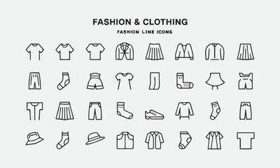 Modern vector-style illustration featuring a set of fashion and clothing line icons, easily editable. 
