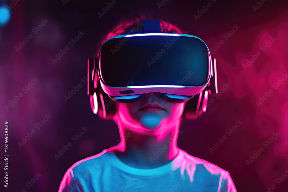 Poster Child experiences virtual reality in a colorful setting with vivid lighting effects