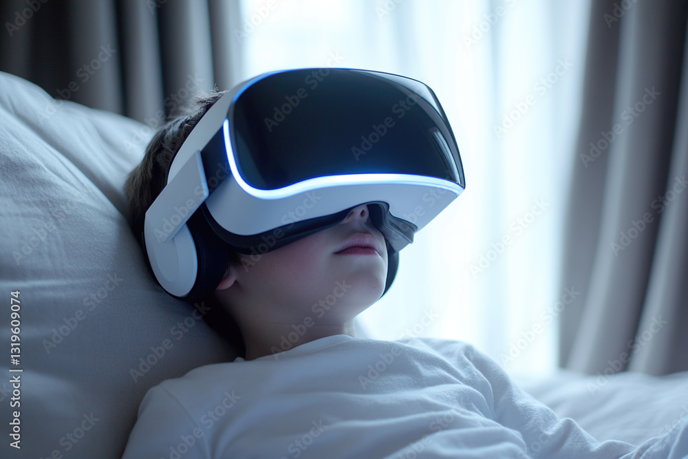 Poster child boy enjoys virtual reality experience while relaxing at home in the evening