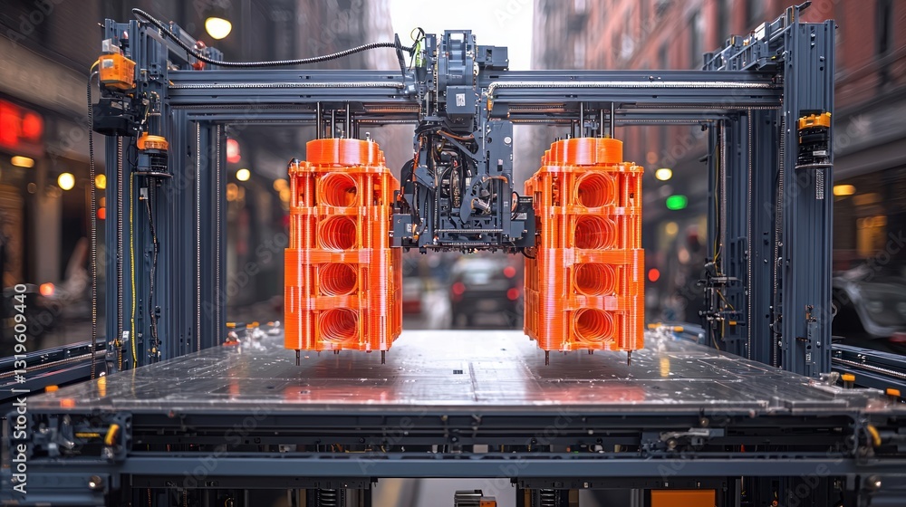 Poster advanced 3d printing technology crafting unique structures in urban environment