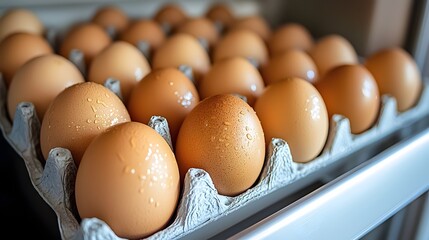 Durable Freshness Preservation, Eggs Surrounded by Condensation in a Refrigerator Drawer with Cool Tones and Selective Focus