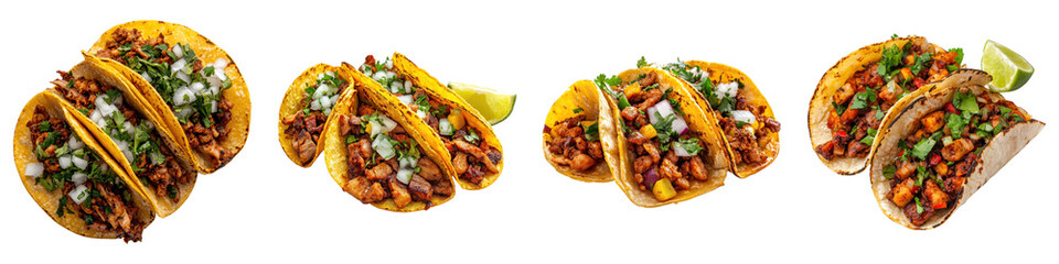 Authentic pastor tacos Isolated on transparent background, PNG, Set of