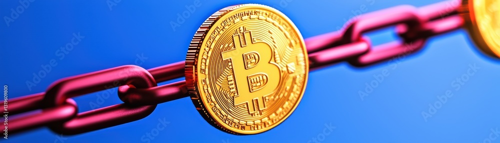 Poster gold bitcoin coin linked to chain representing blockchain and digital network concepts