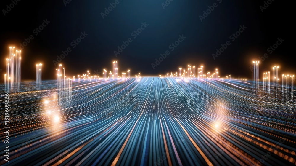 Poster dynamic light waves flowing in a dark digital space abstract visual art futuristic conceptual enviro