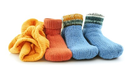 A group of colorful baby socks on a white surface