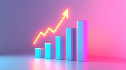 Upward Glowing Arrow on Pastel 3D Business Growth Bar Graph
