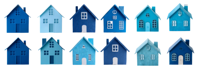 Colorful Blue House Models Displayed in Various Designs and Styles, PNG bundle collection, Isolated on Transparent Background