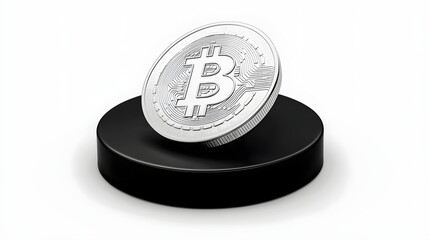 Silver Cryptocurrency Coin on Sleek Black Pedestal with Minimalist Design