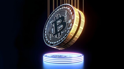 Futuristic Metallic Cryptocurrency Coin with Intricate Circuit Logo Suspended in Neon-Lit Environment