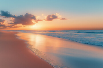 Obraz premium Stunning coastal landscape at sunset or sunrise with bright reflections in the sea and beautiful clouds, beautiful sky, seascape, composite background, desktop wallpaper