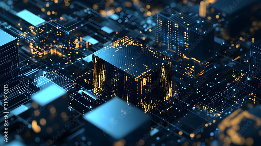 Aufkleber dark blue and gold glowing microchip circuitry with futuristic connections in a digital abstract des