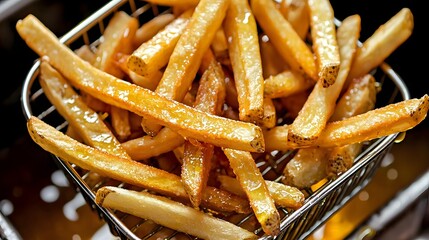 Perfectly Golden French Fries in Rustic Wire Basket Above Deep Fryer