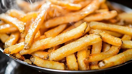 Freshly Fried Potato Fries Glistening in Golden Light with Subtle Steam Rising