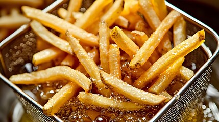 Crispy Golden French Fries in Fryer Basket with Bubbling Oil and Cinematic Lighting