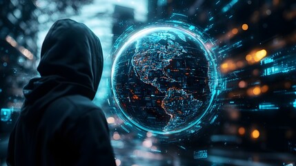 Holographic Globe Projection with Glitching Data and Hooded Figure