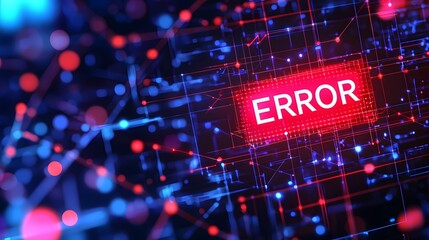 Glowing Red Error Screen Overlaying Abstract Digital Patterns on Cyber Attack Visualization Background