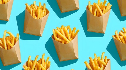 Vibrant Repeating Pattern of Takeout French Fries on Bright Cyan Background