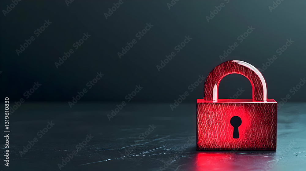 Poster glowing red padlock on dark metallic surface symbolizing digital security in cybersecurity concept