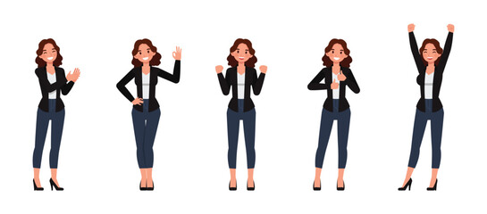 Fototapeta premium Business woman wear black shirt, long brown curly hair character vector illustration design set. Women express positive emotions happiness, pride, joy, encouragement.