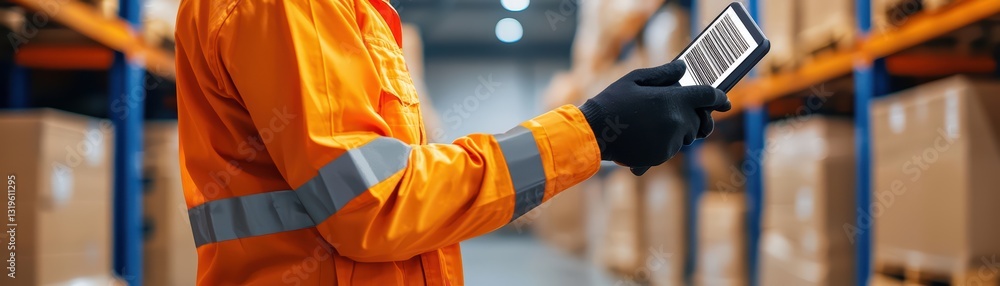 Poster close-up of worker scanning package barcode in warehouse environment with boxes around